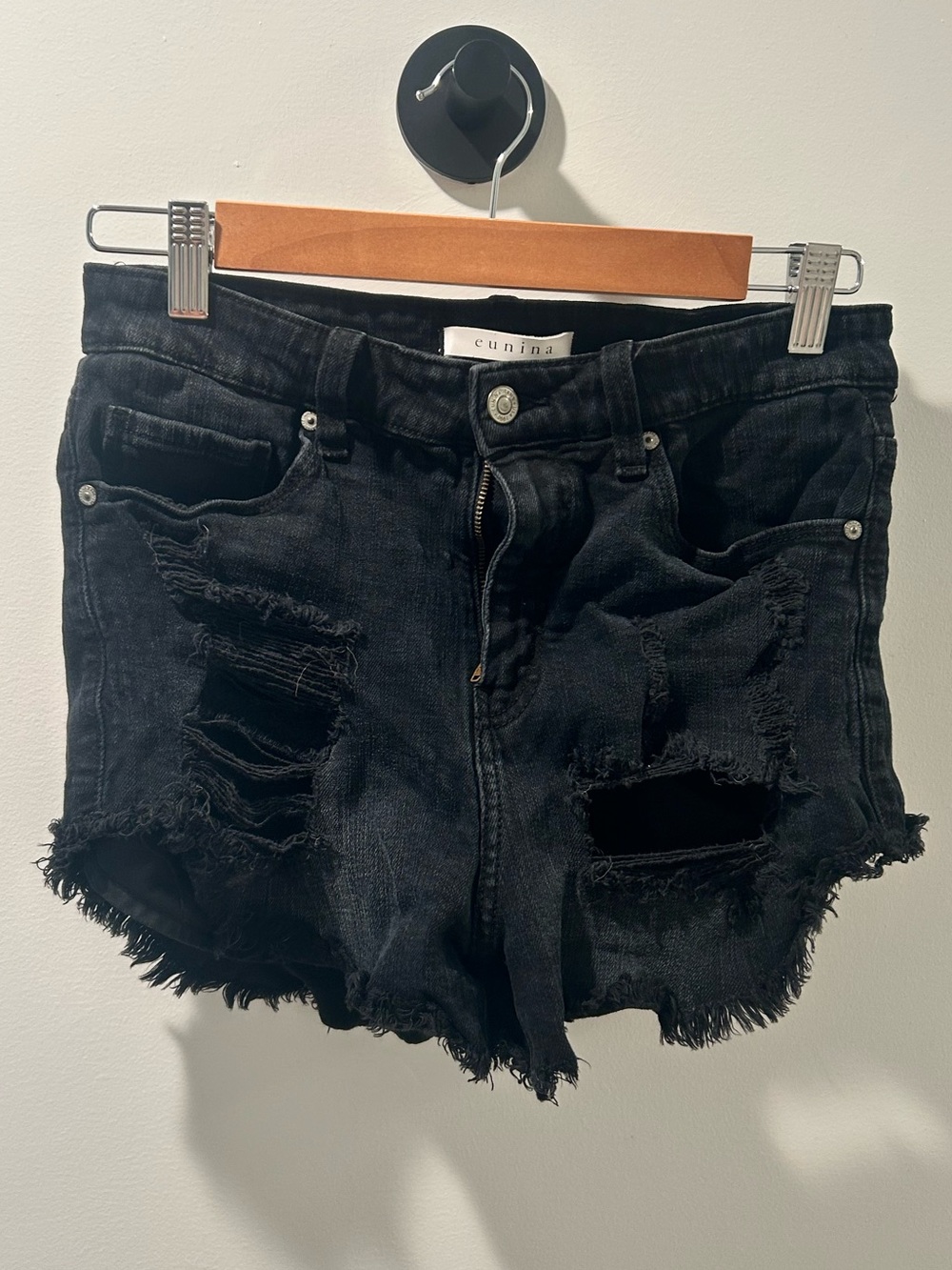 eunina Black High-Waist Distressed Denim Shorts